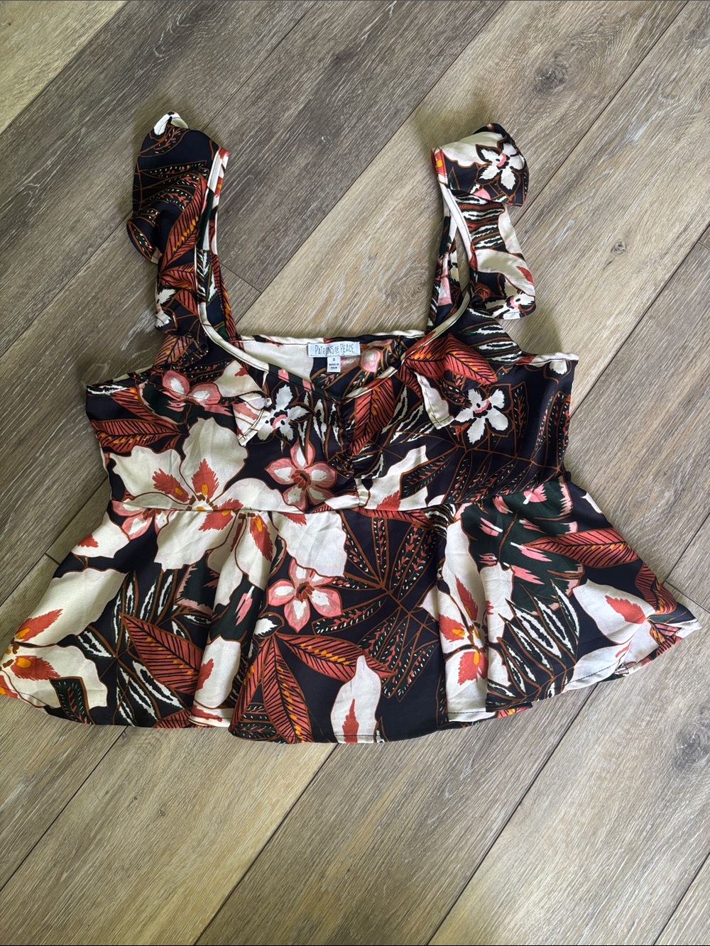 Patrons of Peace Black Floral Ruffle Crop Top with Cream & Rust Accents